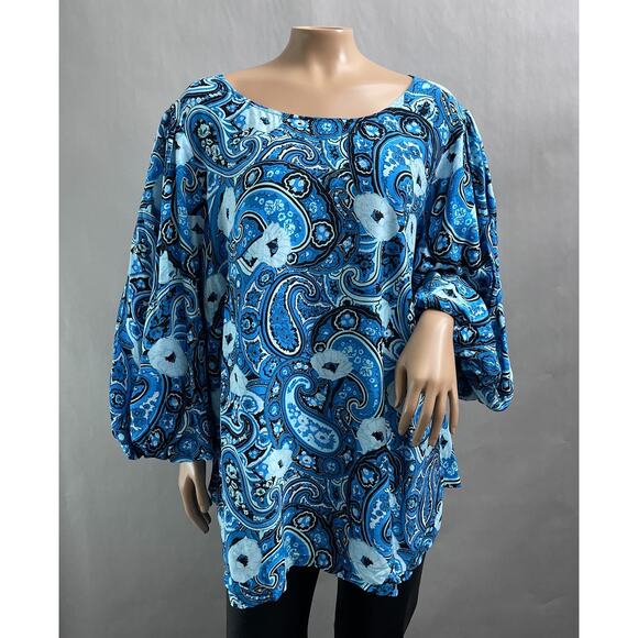 Talbots Tops - Talbots Plus Top Women 2X Blue Floral Print Popover Blouse Puff Sleeve Viscose